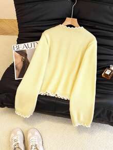 SHEIN Franclia 女士秋冬法式浪漫撞色荷叶边纽扣开衫，适合通勤 - 黃色 - 查看 2