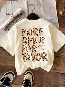 SHEIN LUNE Áo thun tay ngắn cổ tròn in chữ và da báo cỡ lớn - Màu be - Xem 3
