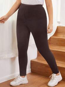SHEIN EZwear Leggings de cintura alta de color marrón chocolate sólido para mujer de talla grande, para uso casual, deportivo y diario - Marrón Chocolate - Ver 4