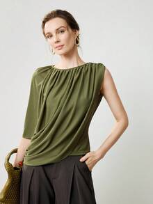 Uhlyne Uhlyne Asymmetrical Design Casual Commuting Single Sleeve Women T-Shirt,Autumn,Minimalist,Business Casual,Holiday,Work Wear,Teacher,Back To School,Fall,Old Money Style - Olive Green - View 2