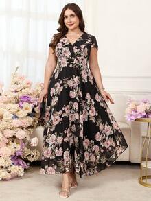 Reflora 大码女士优雅印花连衣裙，夏季婚礼宾客礼服 - 彩色 - 查看 8