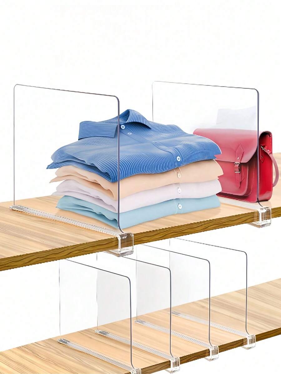 1 pieza/2 piezas/4 piezas Divisores de estantería de armario transparentes de acrílico Organizador de armario para estantes, cajones, gabinetes, estantería vertical de madera, separador de espacio para dormitorio, armario, escritorio de oficina, cocina, almacenamiento de ropa, bolsos, carteras, ahorro de espacio, panel divisor transparente - Multicolor - Ver 1