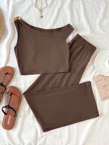 少女玫瑰装饰褶皱单肩T恤和配套长裤套装，针织纯色棕色套装，春夏款 - 棕色 - 查看 3