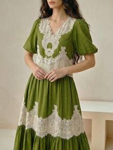 Anewsta Bộ đồ 2 món phong cách nghỉ dưỡng cổ điển màu xanh ô liu, cổ chữ V tay phồng và chân váy xòe phối ren. - Màu xanh Ô liu - Xem 3