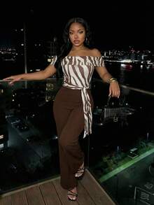 Slaydiva Brown Striped Summer Elegant Night Out Women's Jumpsuit,One-Shoulder Zebra Pattern Patchwork Wide-Leg Pants,Bow Tie Waist Casual Party Office Outfits - Brown - View 8