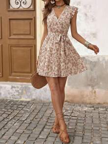 Brillora Summer Beach Paisley Print Ruffle Trim Belted Nashville Short Dress,Vacation,Vacation Style,BOHO,BOHO Style,Floral Print Ruffle Trim V-Neck Mini Dress,Boho Pink Flower Print Dress,Vacation Style Floral A-Line Mini Dress,Floral Print, Ruffle Trim, Summer Vacation,Wrap Front, Ruffle Sleeve Dress, Floral Dress, Summer Dress, Women S Summer Outfits, Wild Flower Dress, Women's Summer Dresses,Summer Dresses For Women - Apricot - View 3
