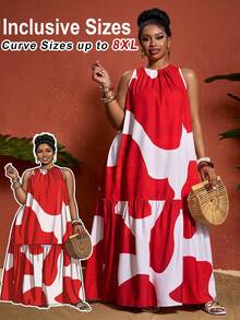 SHEIN CURVE+ Đầm dài ngang gối in họa tiết, dáng rộng thoải mái, phù hợp mặc hàng ngày, đi nghỉ mát và đi làm, mẫu đầm dài cơ bản dành cho nữ. - màu đen - Xem 7