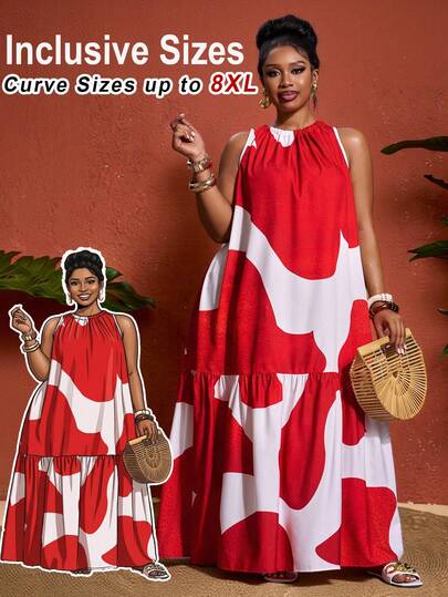 SHEIN CURVE+ 中长款印花休闲宽松连衣裙，适合日常休闲、度假和通勤穿着，女士基础款长裙