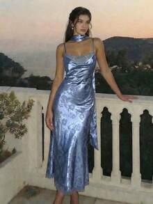 SHEIN MOD Blue Floral Jacquard Dreamy Romantic Draped Neck Mermaid Dress With Tie – Date, Party, Women's Summer And Spring Wear, Spring Break, Vacation, Picnic, Festival, Birthday Outfit - Blue - View 1