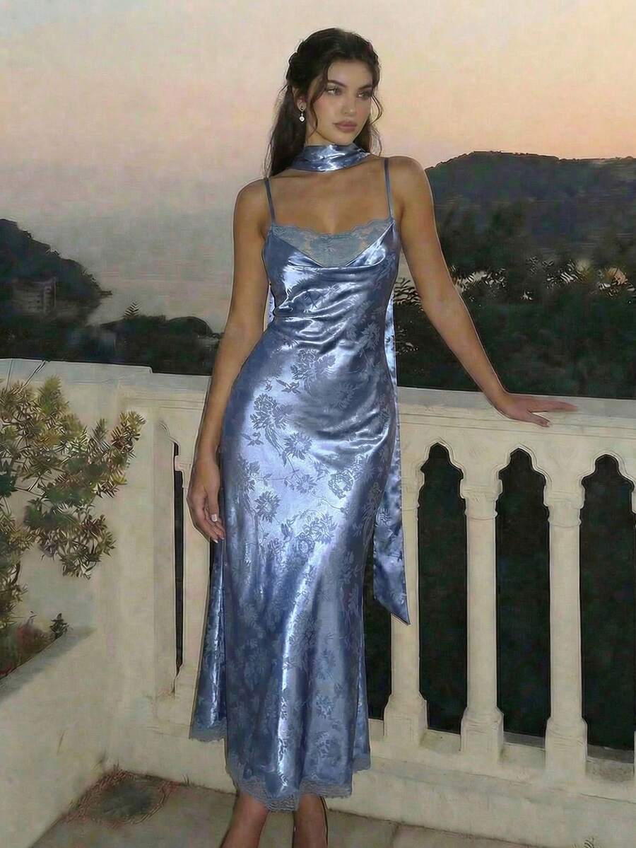 SHEIN MOD Blue Floral Jacquard Dreamy Romantic Draped Neck Mermaid Dress With Tie – Date, Party, Women's Summer And Spring Wear, Spring Break, Vacation, Picnic, Festival, Birthday Outfit - Blue - View 1