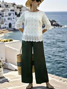 SHEIN LUNE 大码两件套：七分袖蕾丝边（扇形边）上衣 + 阔腿橄榄绿长裤，优雅通勤风 - 軍綠色 - 查看 6