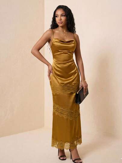 Eryvara Women's Sexy Sling Neck Asymmetrical Color-Blocking Lace Patchwork Fitted Fishtail Maxi Dress, Spring/Summer