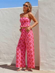 Vivid Eden Bohemian Style Printed Strapless Top And Wide Leg Pants 2 Pieces Set, Casual Vacation Outfit For Spring/Summer - Pink - View 4