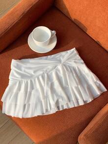 SHEIN EZwear Falda de corte asimétrico con cintura fruncida - Blanco - Ver 3