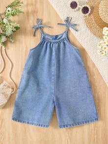 女童蓝色牛仔蝴蝶结吊带宽松连体衣 - 淺色水洗藍 - 查看 6