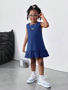 Kid Girls Blue Denim Sleeveless Short Dress With Ruffle Trim,Autumn Spring Summer Casual Country Boho Beach Outfits,Western Street Wear,Vacay Outfits - Dark Wash - View 7
