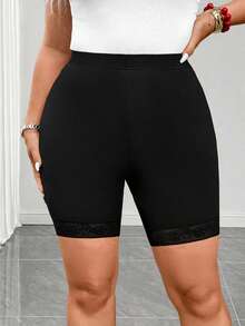 Elenzga Plus Size Women Solid Color Casual Versatile Daily Wear Skinny Shorts - Black - View 4