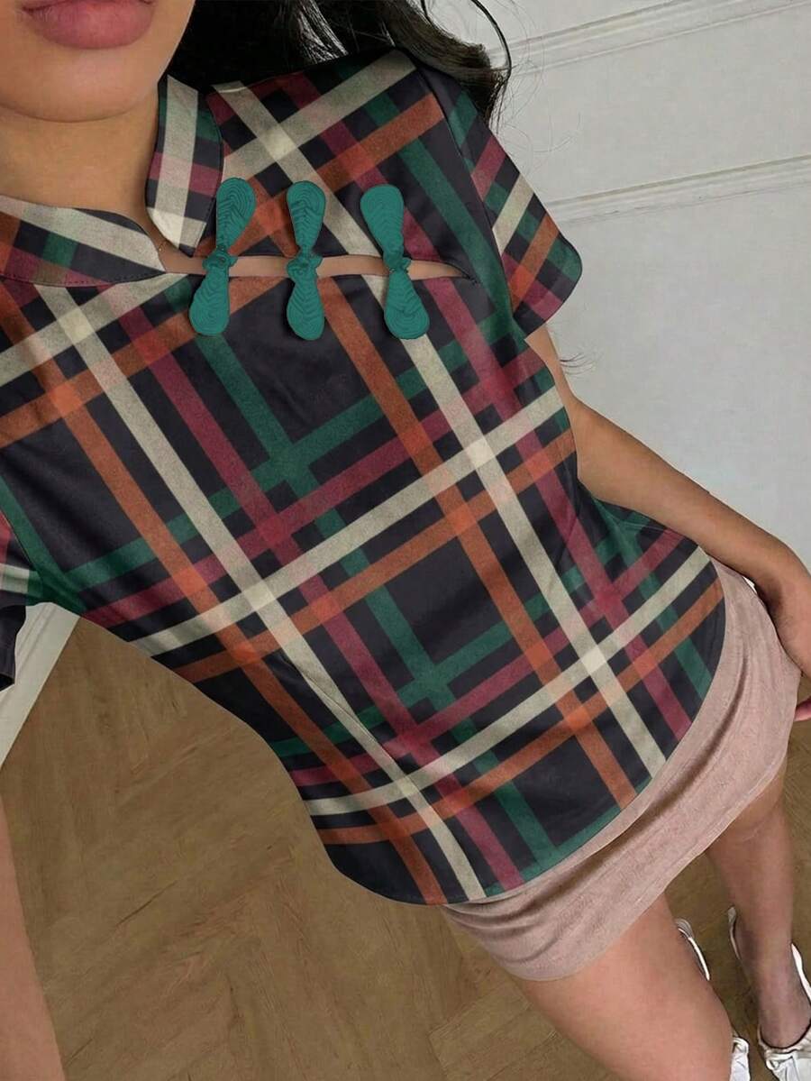 Aloruh 女士条纹短袖纽扣休闲衬衫 - 彩色 - 查看 1