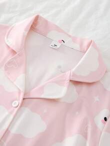 2pcs/Set Girls' Cute Elegant Pink Cloud Cartoon Print Cardigan Short Sleeve Pajama Set,Light Pink,Summer,Cute,Graphic,Home Wear,Sleep Homewear - Baby Pink - View 8
