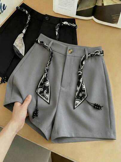 Franclia 1pc Women's Casual Shorts With Belt, Suitable For Daily Wear And Commuting, Summer