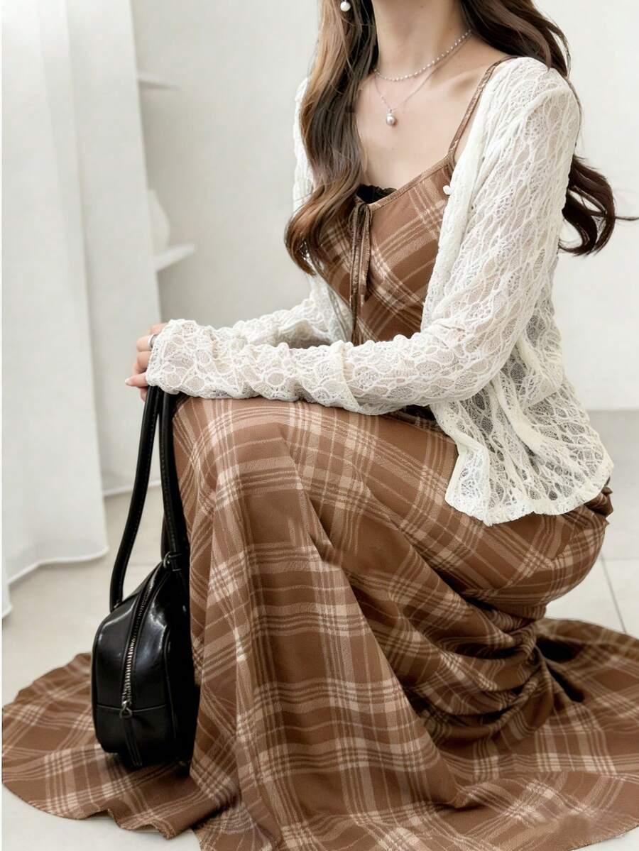 FRIFUL 网眼格纹吊带背心，腰部喇叭下摆，休闲百搭连衣裙 - 棕色 - 查看 1