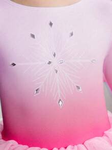 SHEIN Áo liền quần in họa tiết đính đá cho bé gái, váy múa ba lê bằng vải tuyn dành cho trường học/thi đấu, bộ đồ liền thân múa ba lê dễ thương với chân váy phồng đính sequin cho trẻ em. - Hồng - Xem 2