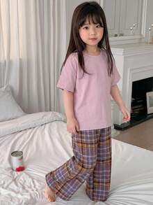 Dazy Kids Mädchen Rundhals Strick Kurzarm T-Shirt + Gewebte Karohose Loungewear, Frühling/Sommer - Altrosa - Übersicht 5