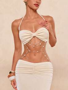 Lumalex Robe élégante et sexy pour femmes avec décoration de chaîne au dos, couleur abricot - Nude - Voir 16