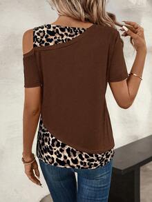 SHEIN LUNE Camiseta casual de mujer con estampado de leopardo y hombros descubiertos, para verano - Marrón - Ver 4