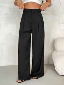 SHEIN PETITE Quần ống rộng xếp ly cạp cao phong cách công sở sang trọng, thanh lịch – Quần tây dáng suông màu trơn, trang phục công sở chuyên nghiệp, quần tây công sở may đo thời trang dành cho nữ. - màu đen - Xem 10