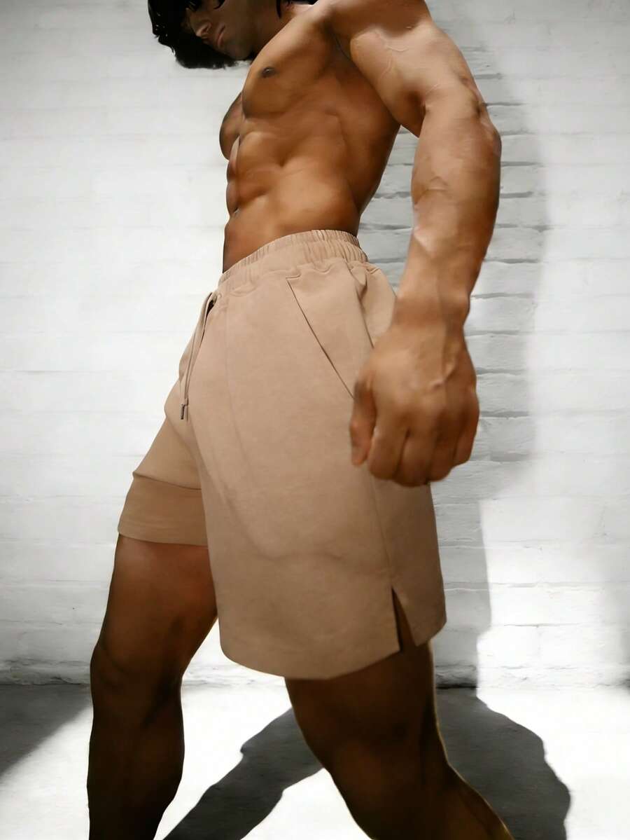GymBeat 男士休闲纯色抽绳腰斜插口袋宽松运动短裤,夏季 - 杏色 - 查看 1