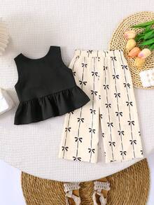 KIDS KIDS Baby Girl Woven Ruffle Back Cross Design Casual Shirt With Woven Sweet Cute Bow Striped Print Loose Long Pants Set Black And White - Black and White - View 3