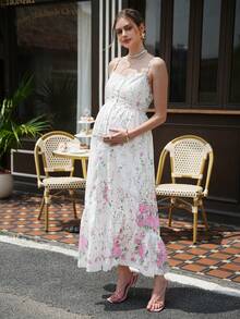 Momance Maternity Floral Print Ruched Casual Vacation Sleeveless Dress - Multicolor - View 1