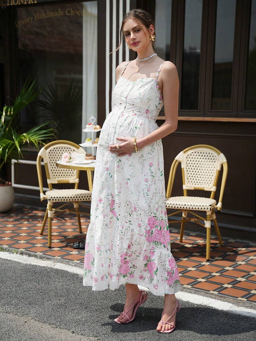 Momance Maternity Floral Print Ruched Casual Vacation Sleeveless Dress - Multicolor - View 1