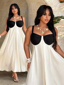 Rustia Plus Size Women's Elegant Black And White Color Block Spaghetti Strap Maxi Dress,Summer Holiday Vacation French Backless A-Line Pleated Dress - Multicolor - View 1