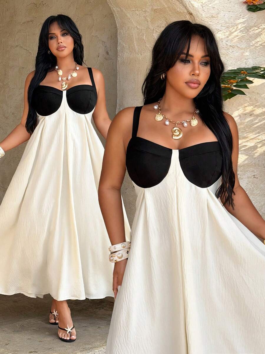 Rustia Plus Size Women's Elegant Black And White Color Block Spaghetti Strap Maxi Dress,Summer Holiday Vacation French Backless A-Line Pleated Dress - Multicolor - View 1