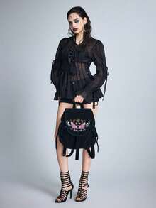 ROMWE Flower Type: 1689137 High Quality Embroidery Thread Sun Star Moon Moth Mushroom Plant Pattern Backpack Dark Goth Backpack - bright black - View 6