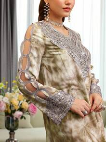 Al Najma 女士紫色扎染印花刺绣串珠荷叶边宽松腰身修身连衣裙 - 黃色 - View 3