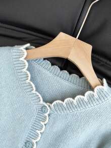 SHEIN Franclia Women's French Romantic Contrast Color Ruffle Trim Cardigan, Suitable For Commuting - Baby Blue - View 5