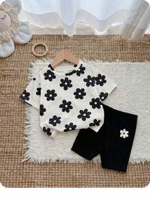 新生女宝宝可爱夏季休闲针织碎花短袖T恤和短裤套装 - 卡其色 - 查看 7