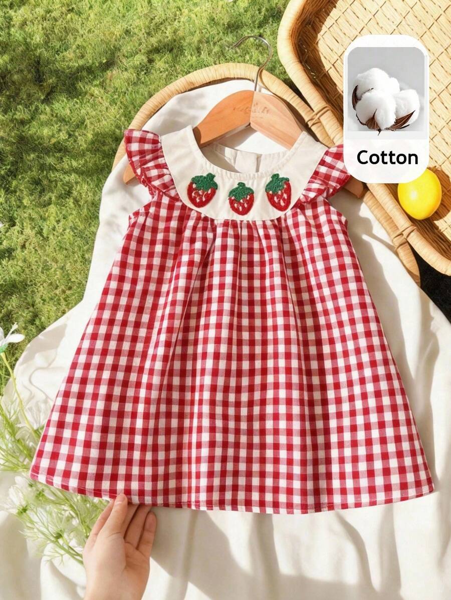 LMoss Kids Vestido casual de niña con estampado de cuadros escoceses y fresas tejido - Rojo y blanco - Ver 1