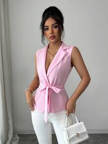 Elenzga Sleeveless Elegant Romantic Delicate Women's Thin Blazer - Pink - View 3