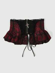 ROMWE Goth 1件深红色Y2K千禧一代朋克现代金属十字装饰链复古现代玫瑰印花蕾丝拼接时尚简约华丽女士腰封 - 紅色 - 查看 6