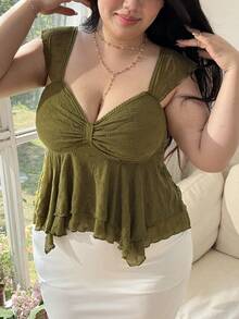 Comfortcana Kaos Kasual A-Line Bertekstur Bunga Ukuran Besar, Warna Hijau Zaitun, Gaya Musim Panas Boho, Pesta Teh, Liburan, Atasan Babydoll Pinggang Empire dengan Lengan Berkerut - Hijau - View 2