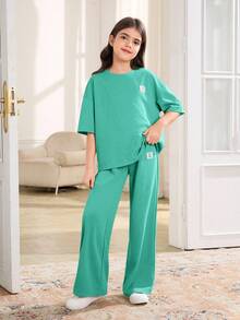 SHEIN 两件套少女休闲宽松舒适圆领短袖T恤和裤子套装 - 綠色 - 查看 6