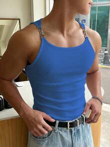 Manfinity Dauomo Áo camisole nam màu trơn, dây kim loại, thời trang, gợi cảm - Màu xanh lam - Xem 5