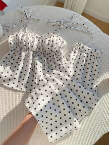 Comfortcana 大码女式休闲波点印花吊带背心和裤子两件套，可爱波点两件套，适合夏季和万圣节 - 白色 - 查看 1