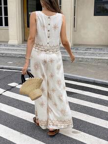 Serisse 女式几何印花吊带背心和裤子两件套，休闲度假装，女式夏季服装，女式两件套裤子，女式夏季服装，波西米亚风女装，春夏，女式夏季服装女式两件套，定位印花设计无袖上衣和阔腿裤套装，后背纽扣装饰设计，高腰松紧带长裤，定位印花竹麻纹理面料，度假和海滩通勤 - 彩色 - 查看 2