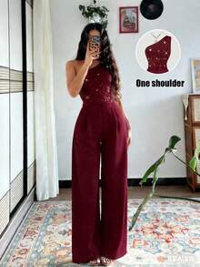 Eryvara Bộ jumpsuit dài ôm eo trễ vai màu đen đính sequin dành cho nữ, có khóa kéo, trang phục dự tiệc gợi cảm, trang phục hộp đêm, trang phục xuân/hè mới, trang phục hẹn hò ngày Valentine, trang phục sinh nhật, trang phục dự tiệc bể bơi, trang phục dạ hội, trang phục đi xem hòa nhạc, đi làm, trang phục dự đám cưới, bộ jumpsuit dài thanh lịch và lãng mạn. - Màu Đỏ Sâu - Xem 7