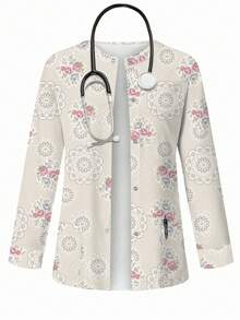 PopScrub Mandala & Rose Floral Print Scrub Jacket,Spring/Summer Fashion Cardigan For Nurse Uniform,Botanical Pattern Light Apricot Top,Maid,Work - Multicolor - View 1